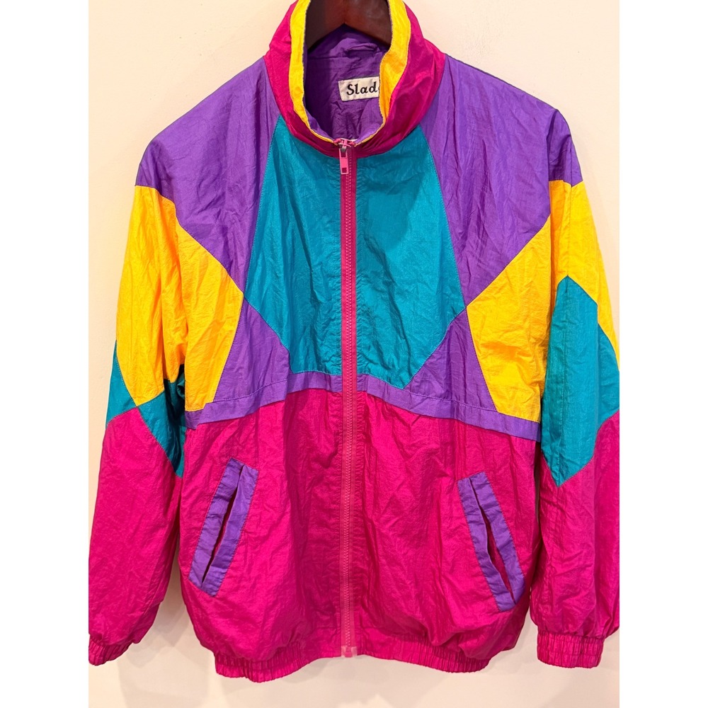 Slade Vintage 80s Colorblock Windbreaker Jacket Pink Purple Yellow Teal Mens M